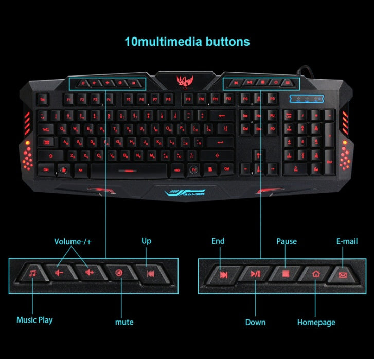 Set di tastiera da gioco cablata J10 con retroilluminazione tricolore, mouse da gioco luminoso e tastiera